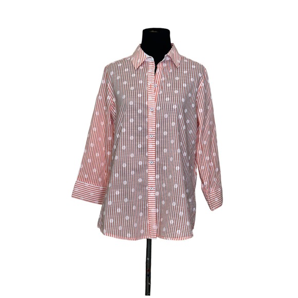 Foxcroft orange white striped polka dots 3/4 sleeves button shaped shirt size 8 - Picture 1 of 11